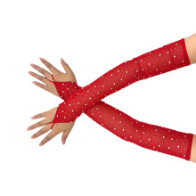 Stretchy Mesh Gloves With Sparkling Rhinestones Elegant Arm-Red