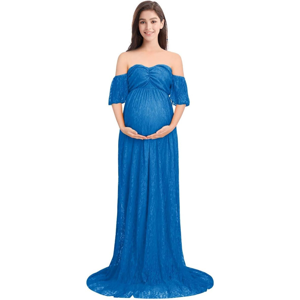 Maternity Photography Props Elegant Gown With Floral Lace Dress Design, Off Shoulder Stretchy Lace Maxi Dress For Photo Shoot Dress, Suitable For 9048212452478