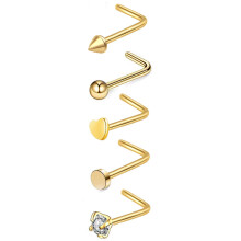(gold-L, B) 5Pcs Zircon cone, round ball, round cake, heart-shaped straight rod, L-shaped bent rod, nose nail