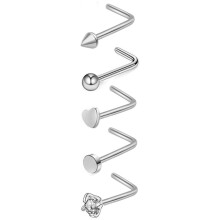(sliver-L, F) 5Pcs Zircon cone, round ball, round cake, heart-shaped straight rod, L-shaped bent rod, nose nail