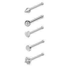(sliver-S, A) 5Pcs Zircon cone, round ball, round cake, heart-shaped straight rod, L-shaped bent rod, nose nail