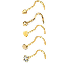 (gold-C, E) 5Pcs Zircon cone, round ball, round cake, heart-shaped straight rod, L-shaped bent rod, nose nail