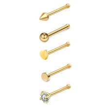 (gold-S, D) 5Pcs Zircon cone, round ball, round cake, heart-shaped straight rod, L-shaped bent rod, nose nail
