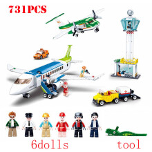 (China731pcs NO box) Stad Flyg Flygplats Flygplan Buss Fordon Byggklossar Tekniska Passagerarfigurer Klossar