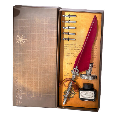 Retro Engraved Feather Dip Pen Includes 5 Nibs And-Burgundy