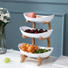 Elegant frugtkurv i flere niveauer, keramiske skåle af høj kvalitet, bambusstativ til pladsbesparende design i hjemmet eller på kontoret