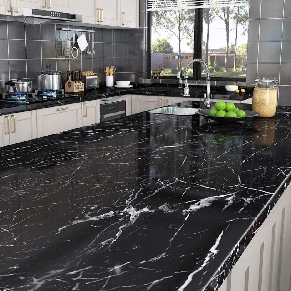 Realistic Marble Appearance Peel And Stick Wallpaper, Thick Vinyl Material Self Adhesive Black With White Vein Wallpaper For Countertops Cabinets 9048212319016