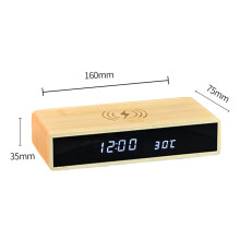 Houten digitale wekker met Qi draadloos opladen, elegant modern design, drie onafhankelijke alarminstellingen voor slaapkamer, kantoor en nachtkastje