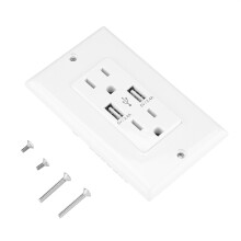 Slim USB-wandcontactdoos met ventilatierooster, spotjes en roestvrijstalen oppervlak, kindveilige aansluiting voor veilig opladen