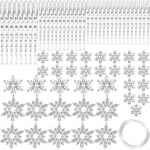 72 Pcs Clear Acrylic Snowflake Icicle Ornaments for Christmas Tree Decor