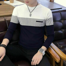 (Black, Tag XL=US M) Tops Men's Strip Coat Casual Round Knitwear Warm Jumper Sweater Pullover Neck