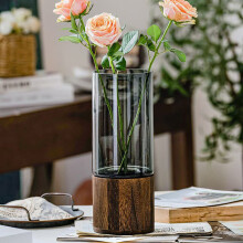 Artistic Wood Glass Vase, Crystal Clear Glass Modern Home Decor, Multipurpose Tabletop Vase For Living Room Table Centerpieces And Contemporary Art