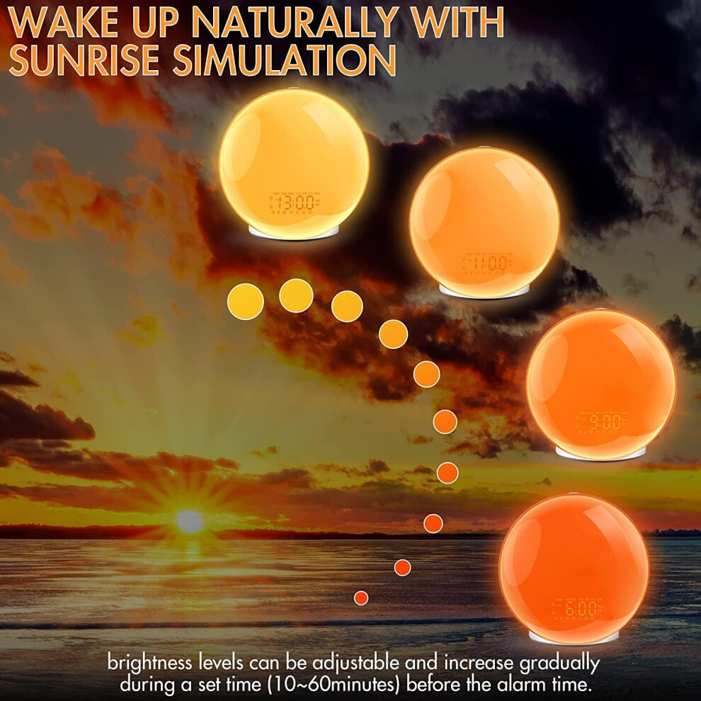 Sunrise Alarm Clock, Wake Up Light with Sunrise Simulation and Dual Alarms, Colorful Lights, Sleep Sounds, FM Radio, Adjustable Brightness, for Heavy