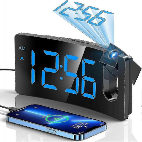 (Blue Digit blue Projection) Projection Alarm Clock, Digital Clock With 180 Rotatable Projector, 3-level Brightness Dimmer,-YH
