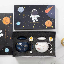 400ml Astronaut Space Planet Mug with Lid and Spoon for Coffee, Milk, Gift Birthday for Girl Boy WomenWhite+Dark Blue