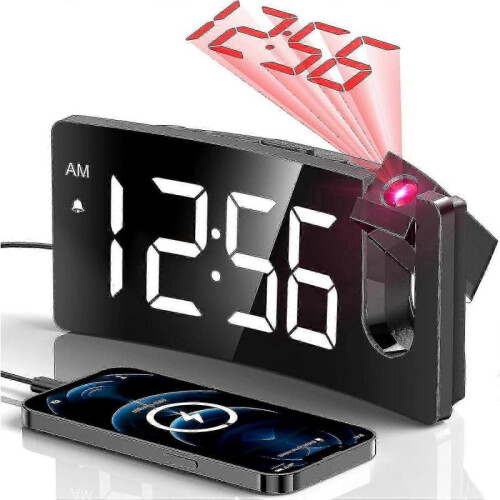 (White Digit red Projection) Projection Alarm Clock, Digital Clock With 180 Rotatable Projector, 3-level Brightness Dimmer,-YH