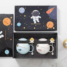 400ml Astronaut Space Planet Mug with Lid and Spoon for Coffee, Milk, Gift Birthday for Girl Boy WomenWhite+Light Blue