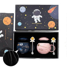 400ml Astronaut Space Planet Mug with Lid and Spoon for Coffee, Milk, Gift Birthday for Girl Boy WomenDark Blue+Pink(1)