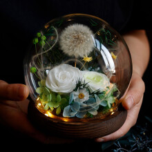 Ewiges Blumenarrangement zum Verschenken, konservierte echte Blumen in einer Glaskuppel mit LED-Streifen, romantisches Geschenk für sie,