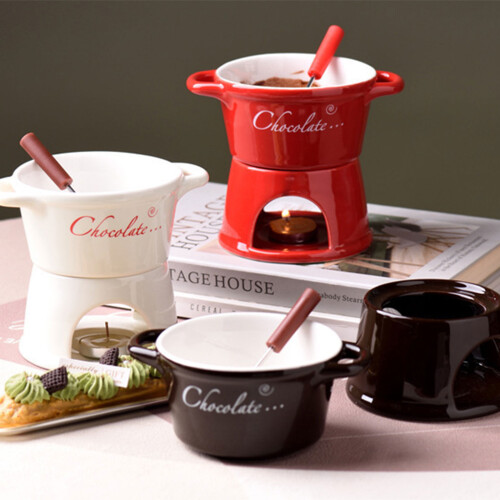 Ceramic Melting Pot For Chocolate Cheese-Red T shaped model 2