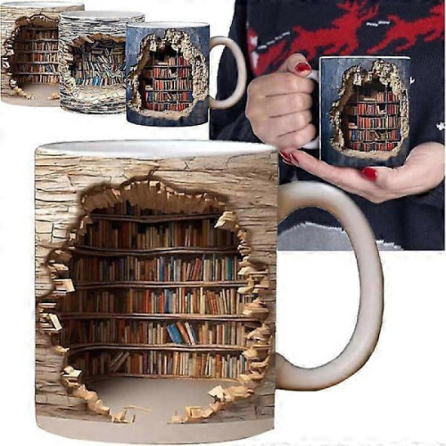 3D Bookshelf Mug, 3D Effect Book Mugs, Creative Space Design Multifunctional Ceramic Mug, Coffee Mug Gift for Book Lovers B