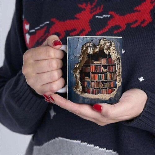 3D Bookshelf Mug, 3D Effect Book Mugs, Creative Space Design Multifunctional Ceramic Mug, Coffee Mug Gift for Book Lovers B 1
