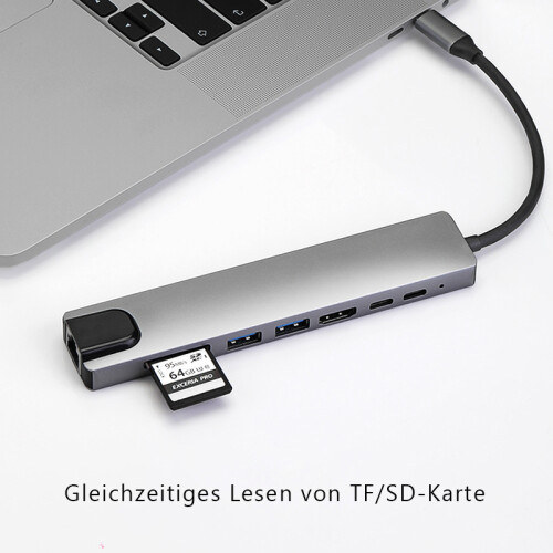 Διανομέας USB-C 8 σε 1 θύρα, προσαρμογέας πολλαπλών θυρών για συσκευές Type-C με 2
