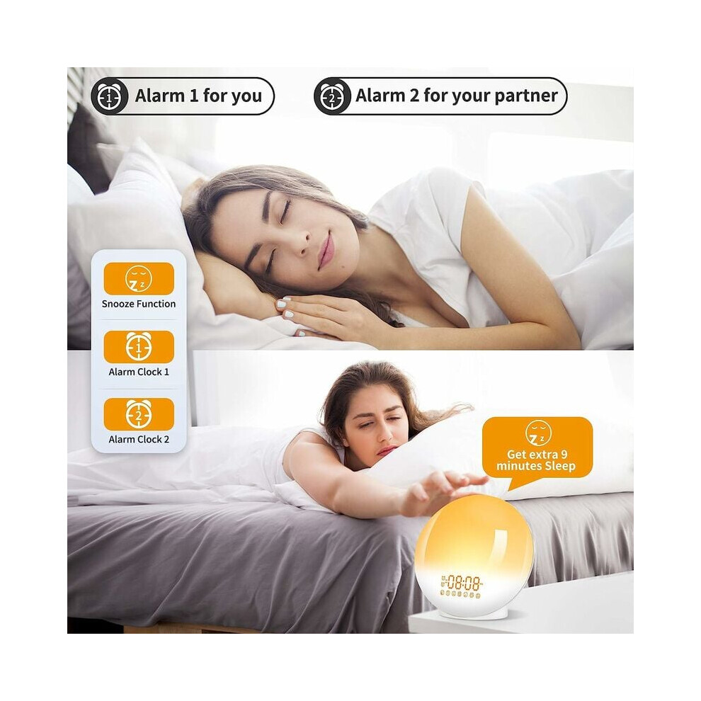 Sunrise Alarm Clock, Sunrise Simulation Dual Alarm Clock for Kids & Heavy Sleepers, Snooze Function & Colorful Lights, Adjustable Brightness FM Radio