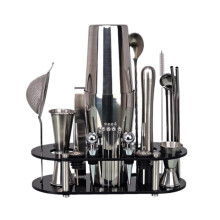 Bar shaker for cocktail preparation, 23piece set with stand, recipe, stainless steel