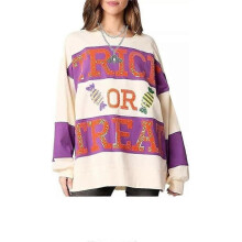 (White xl)Halloween Sweatshirts for Women Sequin Color Block Crewneck Sweatshirts