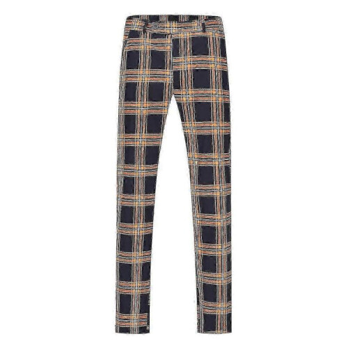 (L,Orange)Mens Straight Leg Plaid Casual Trousers