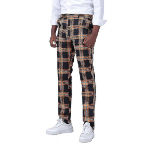 (L,Orange)Mens Straight Leg Plaid Casual Trousers 2