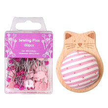 Wood Needle Pin Holder with 80 Quilting Pin Pin Cushion-Pink