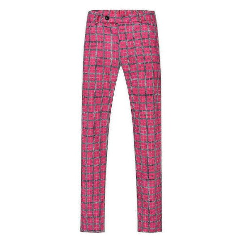 (M,Pink)Mens Straight Leg Plaid Casual Trousers