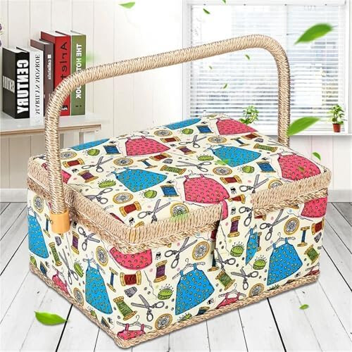 Large Vintage Sewing Basket with Compartments, Secure Locking Closure, Sewing Storage Organizer for Threads and Needles 2
