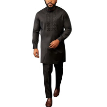 Men's African 2Piece Set Traditional Dashiki S01 Black M Long Sleeve Button Placket Shirt And Trousers