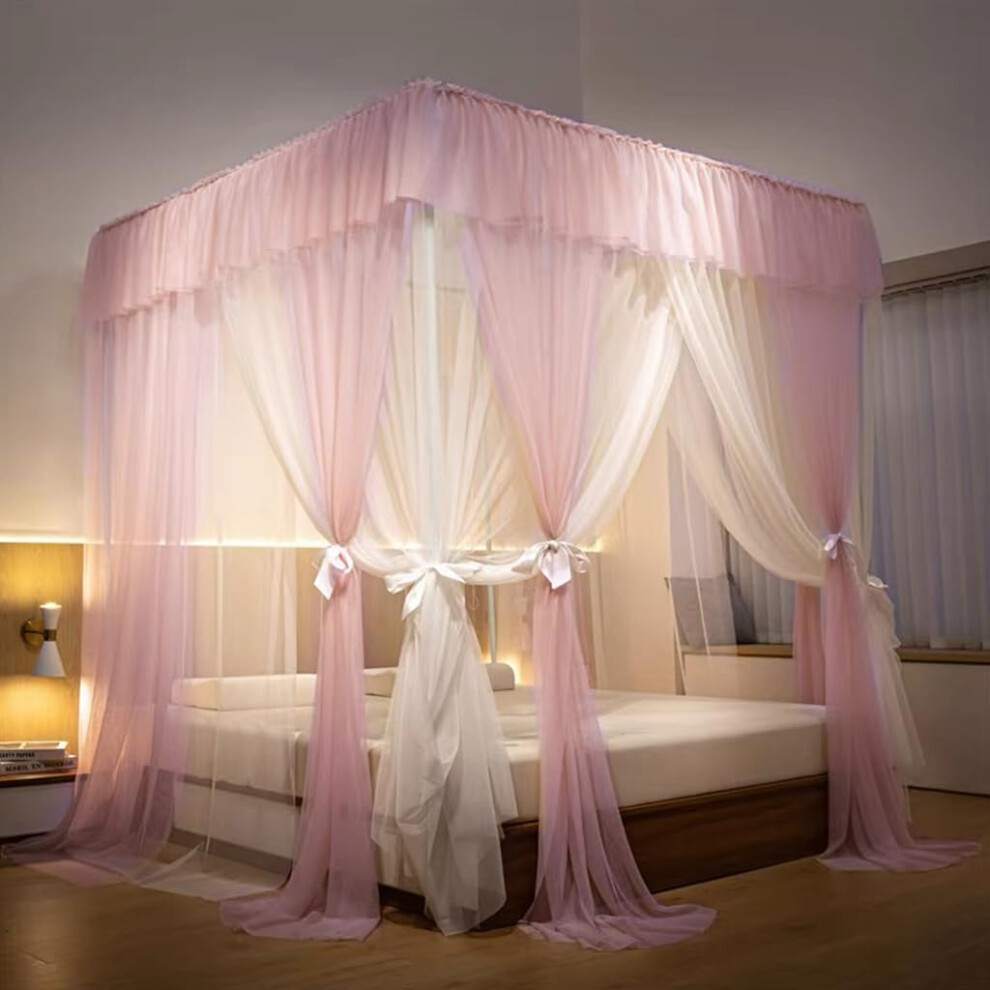 Mosquito Net With 4 Corners, Doublelayered, Canopy Curtain With Ruffles, 3 Openings, For Girls And Adults, Bedroom Decoration (, Full Solid). Pink