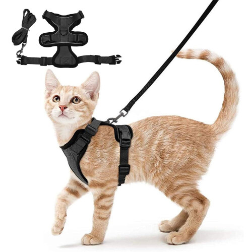 Cat harness and leash set, escapeproof adjustable soft padded, air mesh breathable (Black/S)