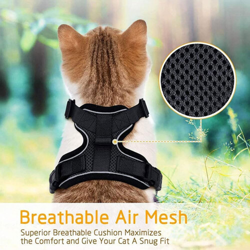 Cat harness and leash set, escapeproof adjustable soft padded, air mesh breathable (Black/S) 2