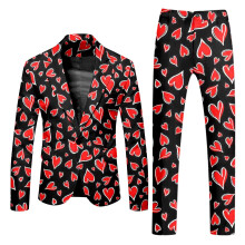 Men's Valentine's Day Suit 2Piece Printed Blazer with Trousers 3XL Black
