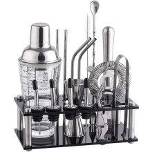 Bamboo stand cocktail shaker set – stainless steel bar tools.  bar set for home bars, tool set, bartender kit.