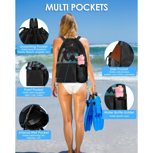 Beach Backpack, Drawstring Backpack, Mesh Beach Bags with Wet Pocket (Black) 1