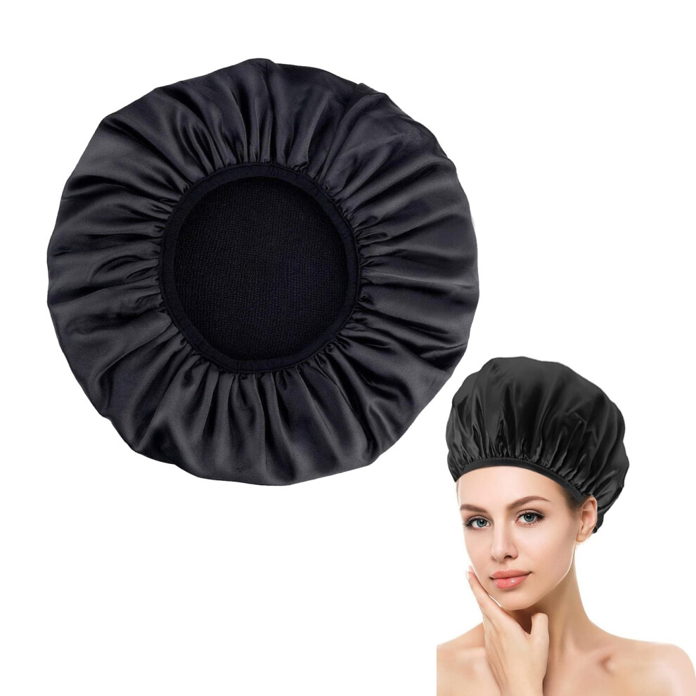 Shower Cap Waterproof Hair Cap For Women Extra Large Terry Bathing Cap Reusable Towelling Bonnet Lined Black For Girls