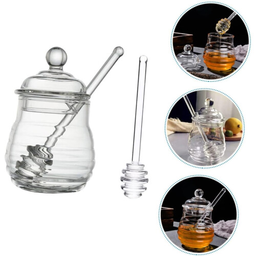 Honey Pot Glass Jars With Smooth Dipper For Kitchen Storage Set Clear 2