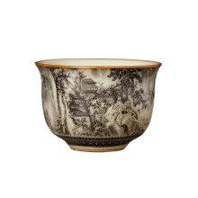 65ML Ru Kiln Ceramic Gongfu Tea Cup with Elegant Landscape Design and Stable Tripod Base