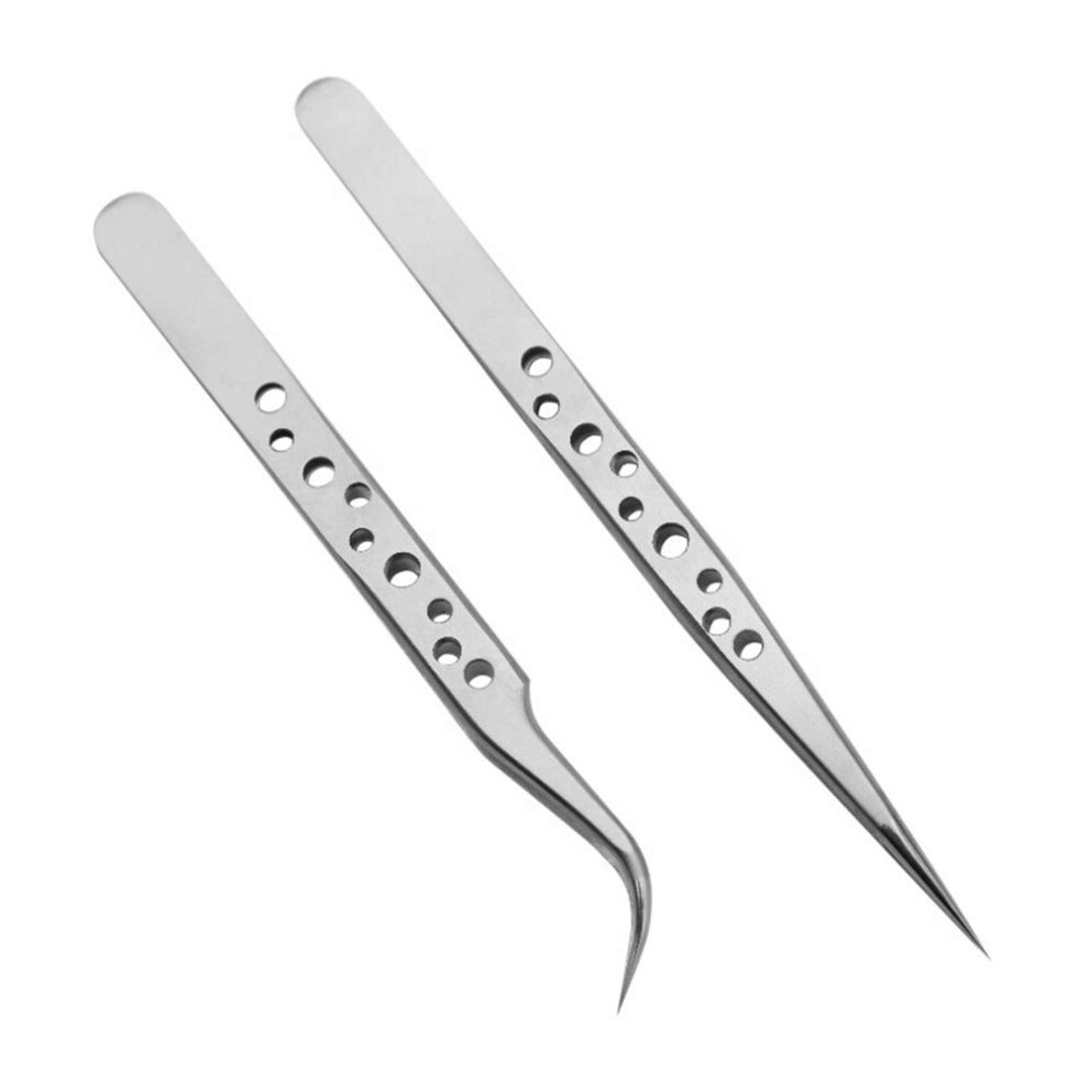 Lash Tweezers 2Piece Set Straight And Curved Tip Nipper For 3D 5D Lash Extensions, Stainless Steel