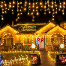 (Warm Yellow, 15M)Solar-Powered LED Icicle String Lights with Remote Control