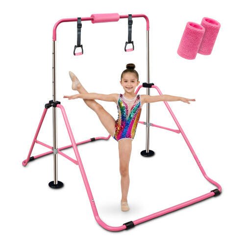 Gymnastics Bars with Rings/Pad/Wristband, Folding Horizontal Bar(Pink)
