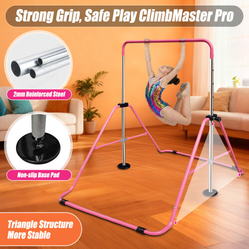 Gymnastics Bars with Rings/Pad/Wristband, Folding Horizontal Bar(Pink) 1