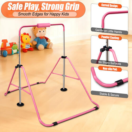 Gymnastics Bars with Rings/Pad/Wristband, Folding Horizontal Bar(Pink) 2